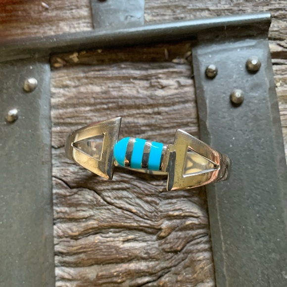 VINTAGE MEXICO TAXCO STERLING S.TURQUOISE BRACELET - Picture 2 of 12